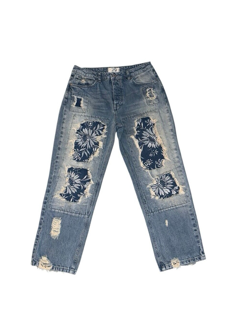 Free People Desert Rose Destroyed Embroidered Jeans Straight Leg Size 29